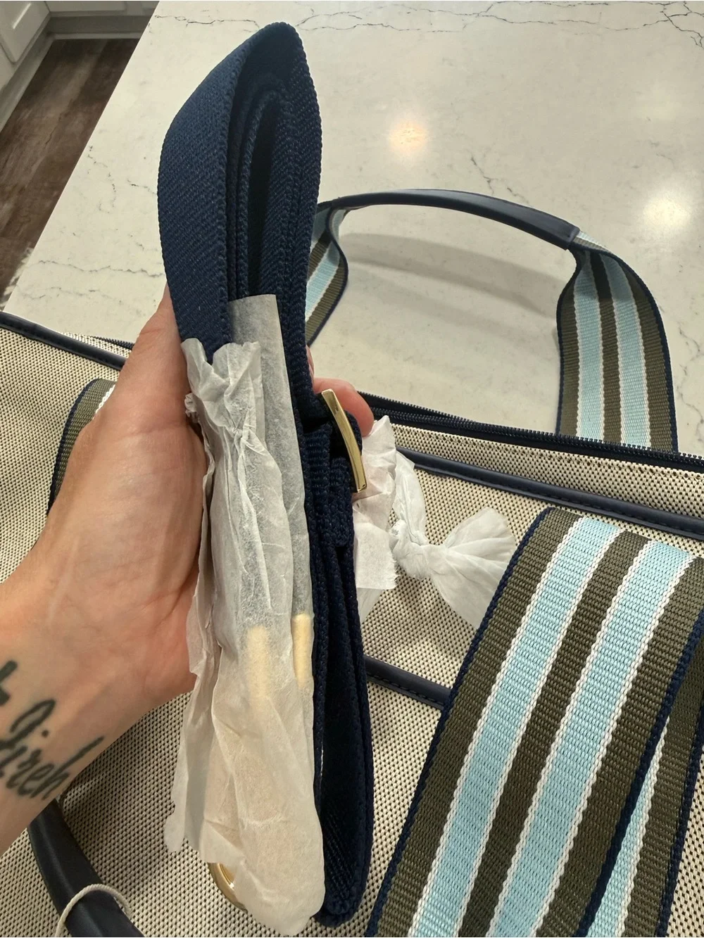 Paravel Medium Cabana Tote Cream Blue Canvas Stripe Travel Beach Market  NWT